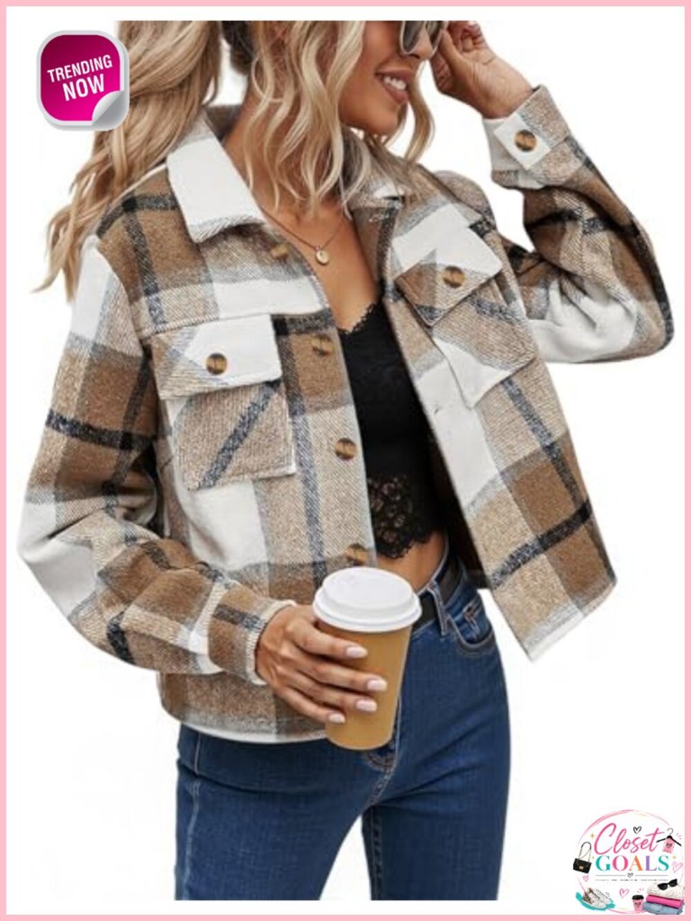 Women's Cropped Plaid Shacket Button Down Long Sleeve Jacket